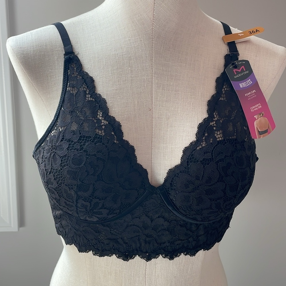 Maidenform wireless Black Lace Bra Adjustable Straps Scalloped Trim new size 36a